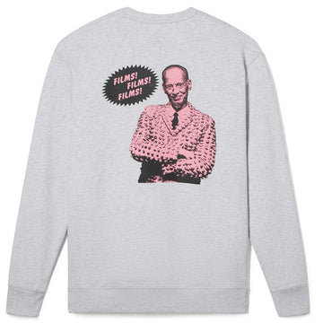 Gray sweatshirt with a graphic of a person in a pink suit and text on the back, on a white background. Adult mens sweatshirt womens sweatshirt featuring John Waters